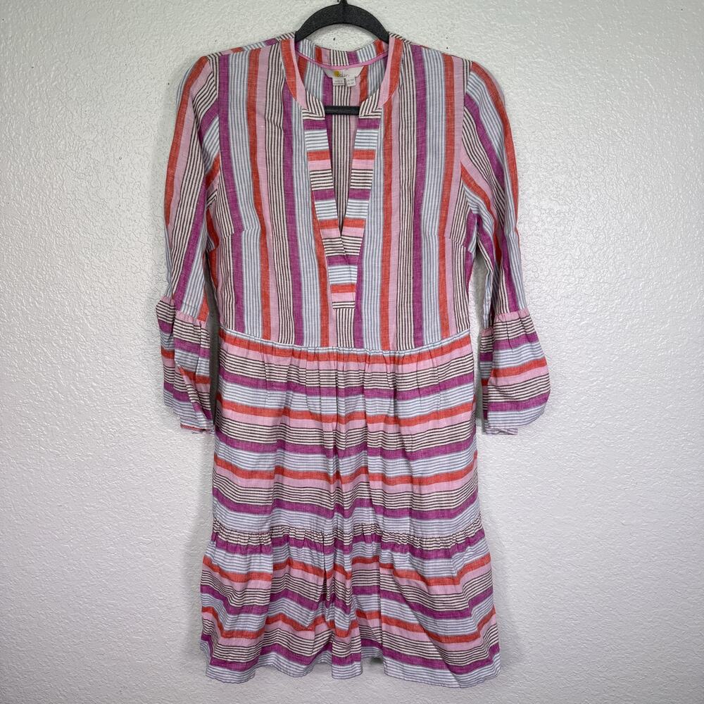 Boden Dress Womens 6 Linen Stripe Swing Boho Tiered Summer Multicolor Casual